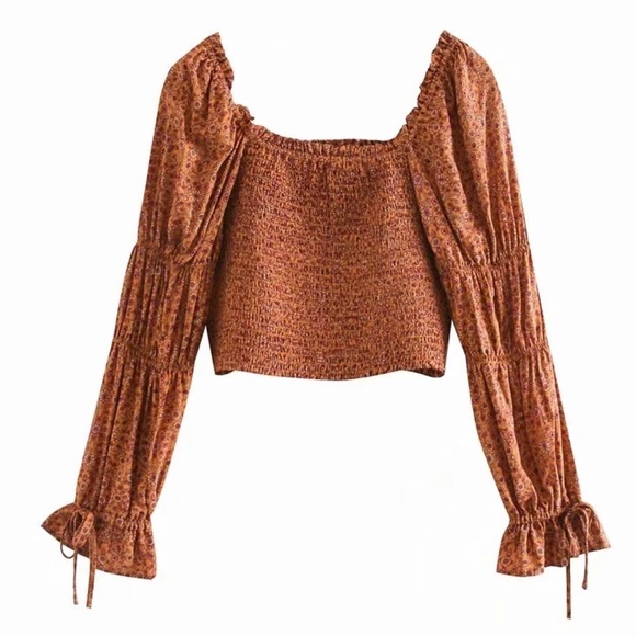 Gypsy Boho Floral Print LongSleeve CropTop Shirred - Picture 7 of 15